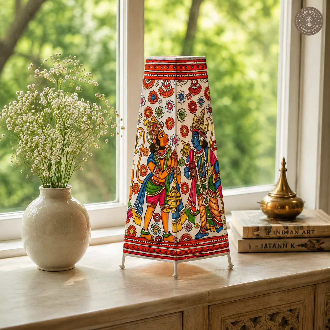 Ram Darbar & Hanuman Kalamkari Artisan Leather Lamp Shade