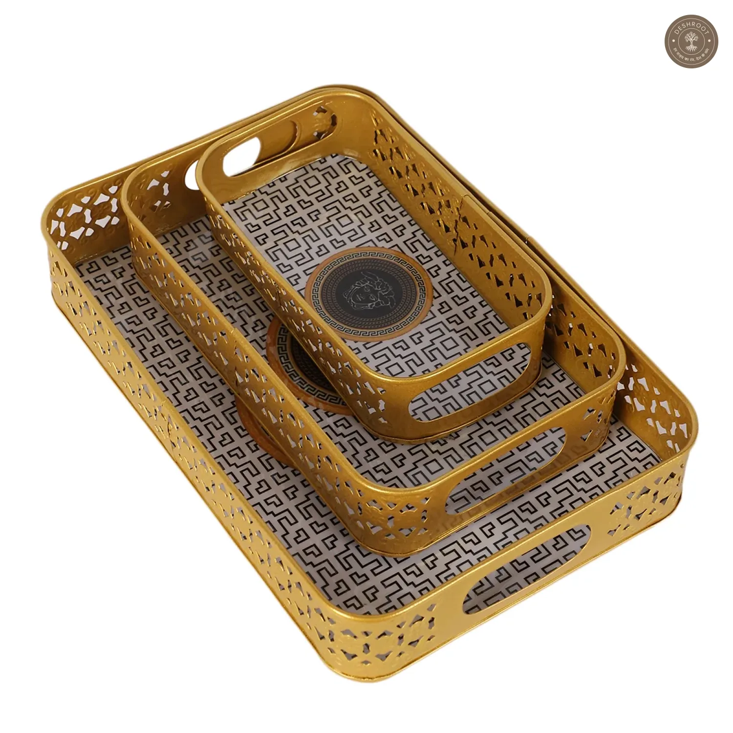 Rectangular Black & Gold Blocks Meena Tray Set of 3