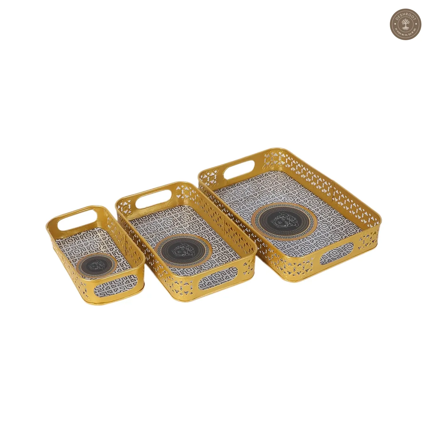 Rectangular Black & Gold Blocks Meena Tray Set of 3