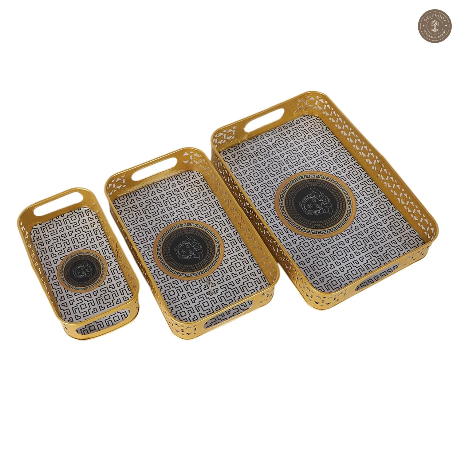 Rectangular Black & Gold Blocks Meena Tray Set of 3