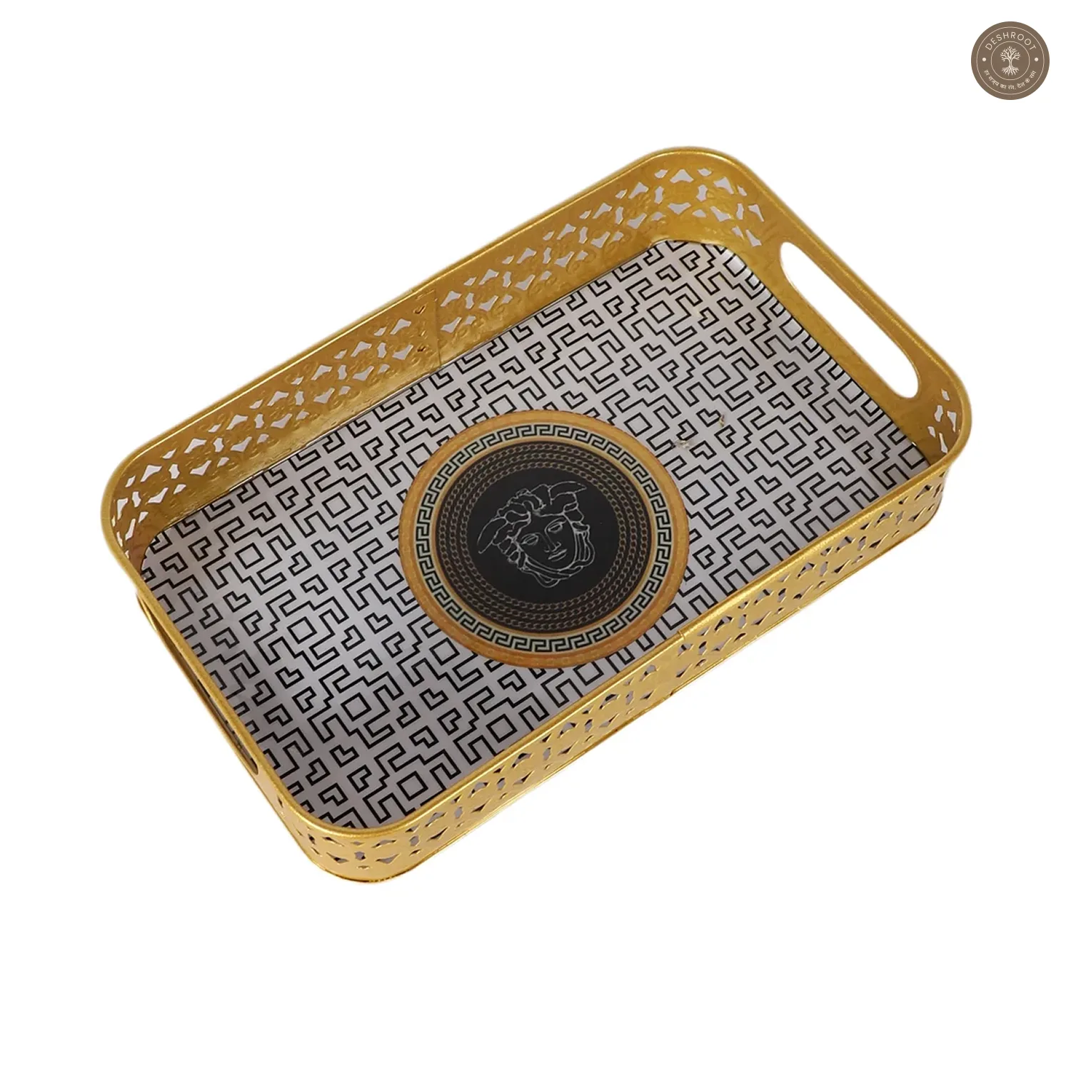 Rectangular Black & Gold Blocks Meena Tray Set of 3