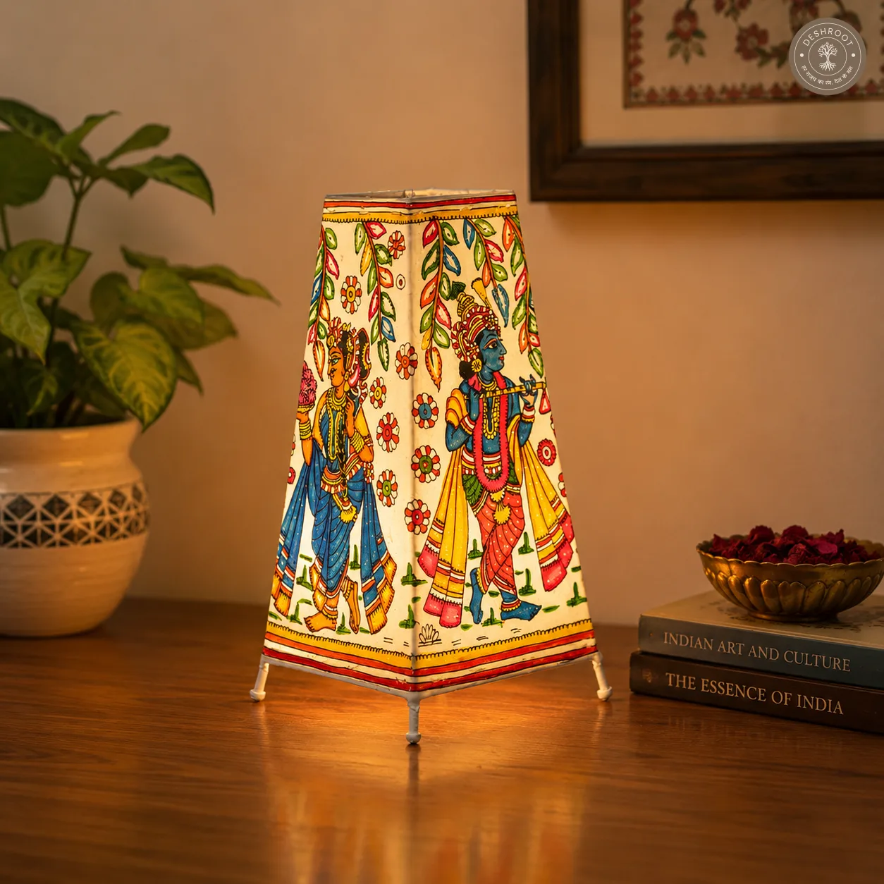 Radha Krishna Motif Handcrafted Goat Leather Table Lamp