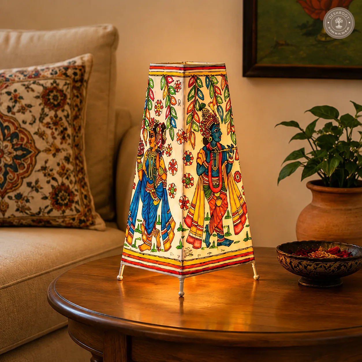 Radha Krishna Motif Handcrafted Goat Leather Table Lamp