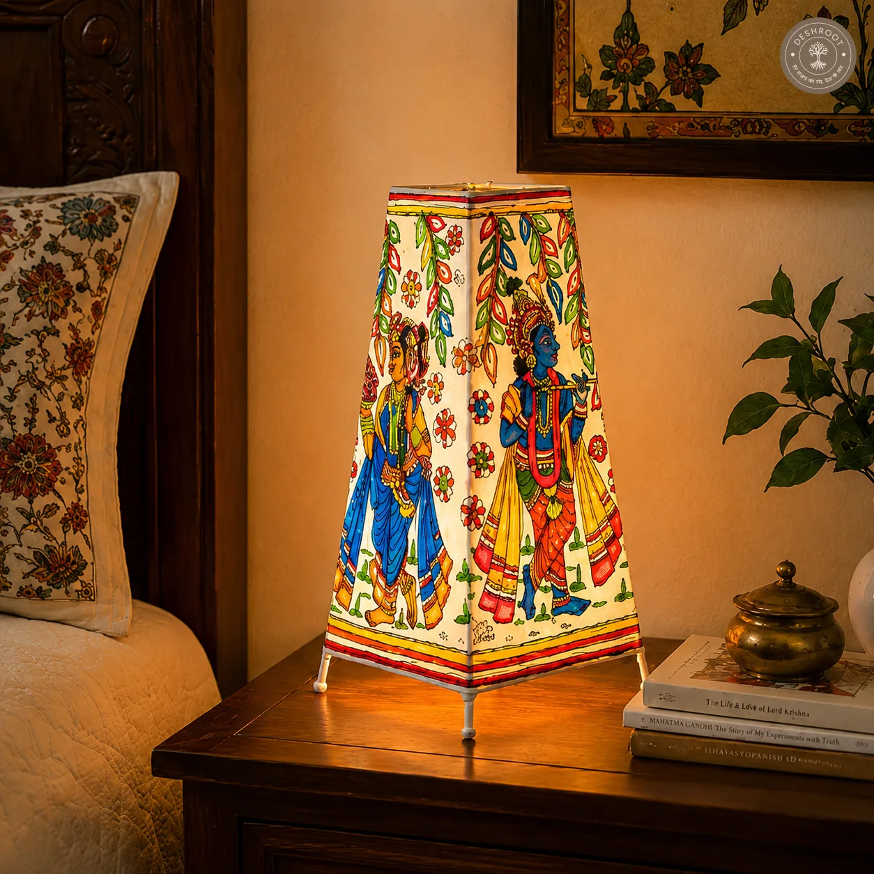 Radha Krishna Motif Handcrafted Goat Leather Table Lamp