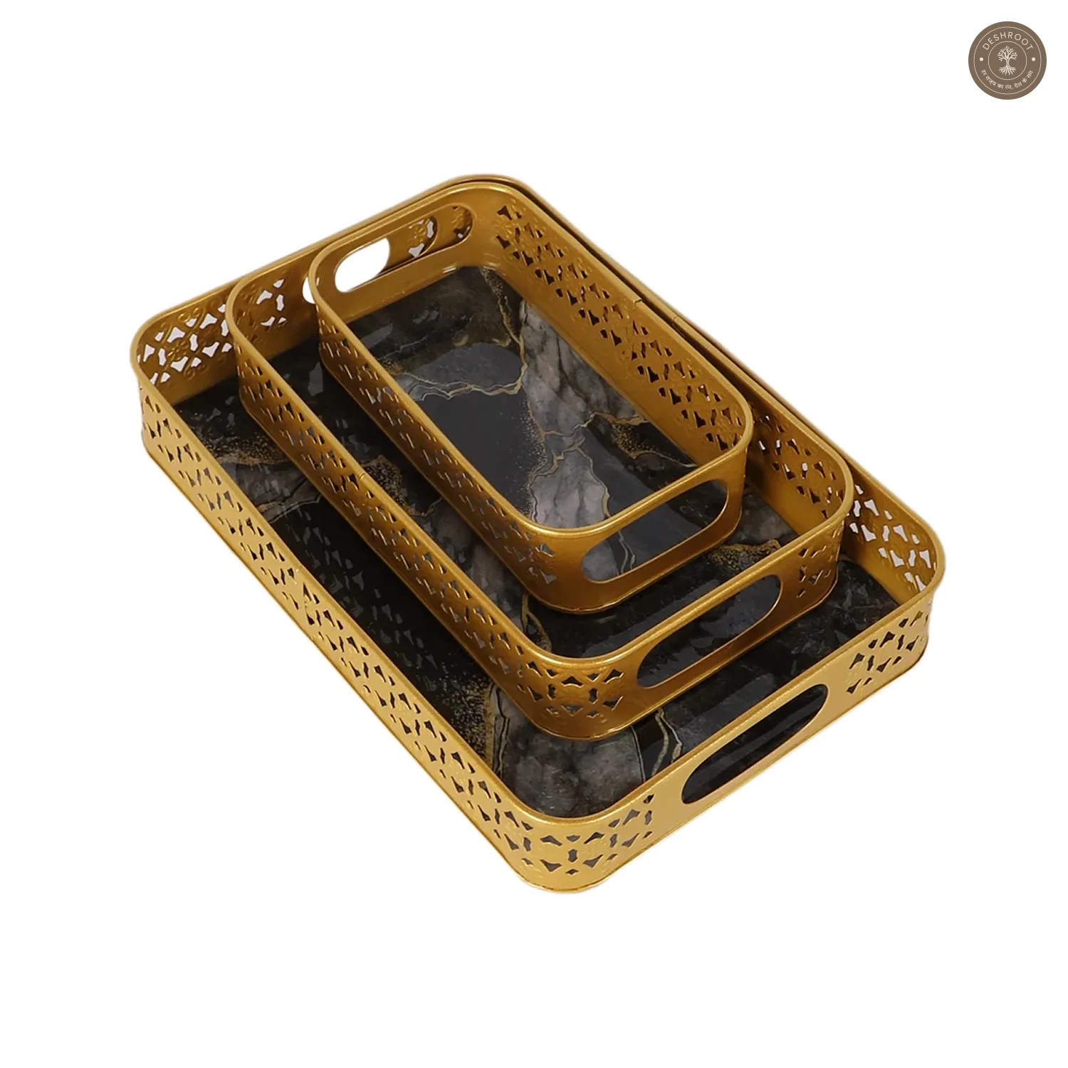 Rectangular Black & Gold Wavy Meena Tray Set of 3