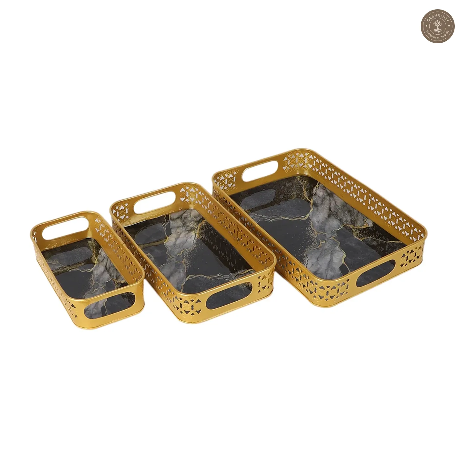 Rectangular Black & Gold Wavy Meena Tray Set of 3