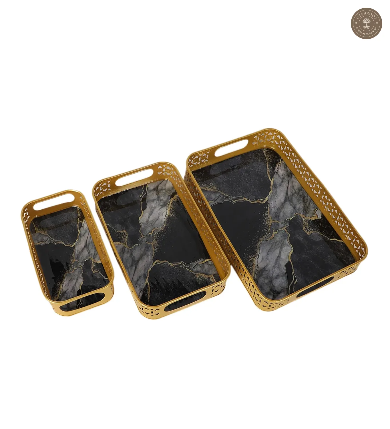 Rectangular Black & Gold Wavy Meena Tray Set of 3