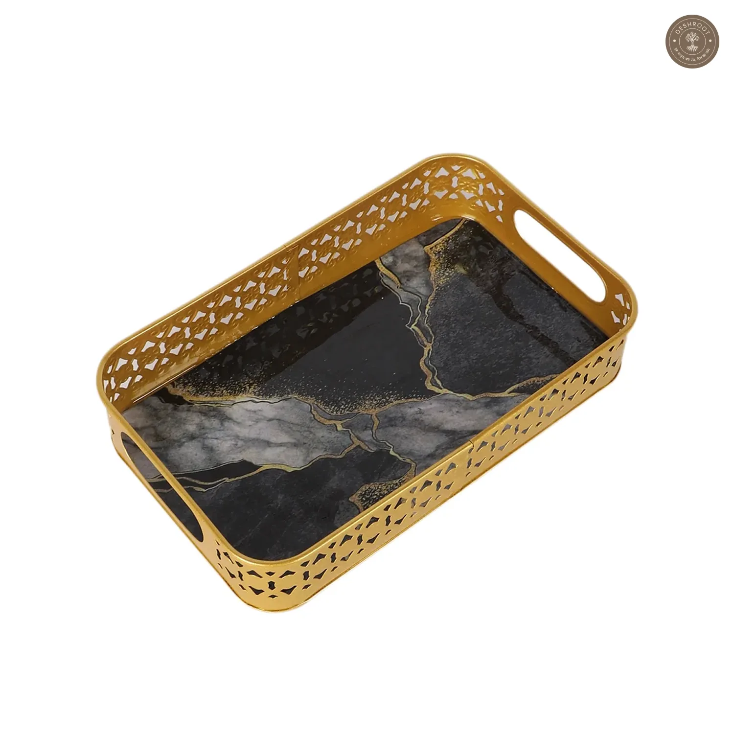 Rectangular Black & Gold Wavy Meena Tray Set of 3