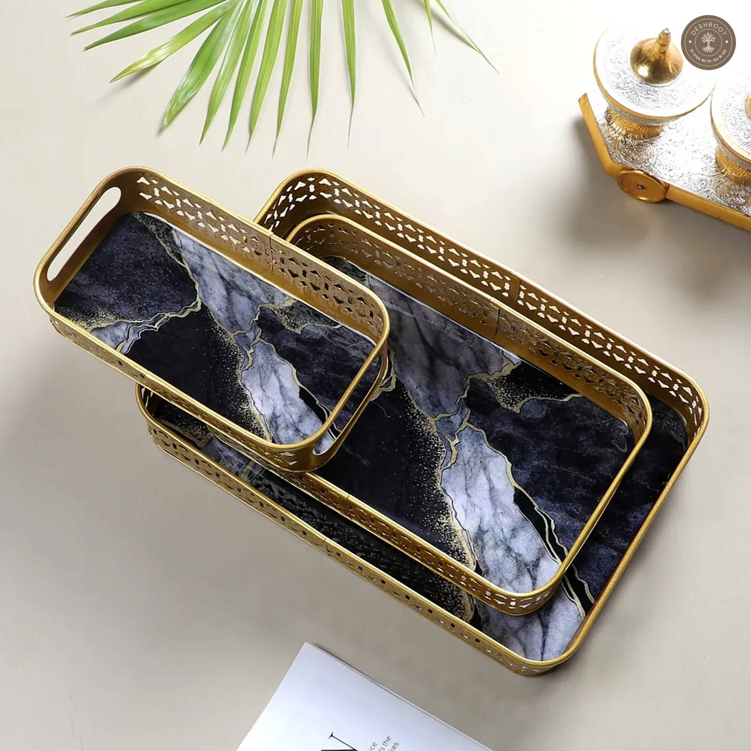 Rectangular Black & Gold Wavy Meena Tray Set of 3