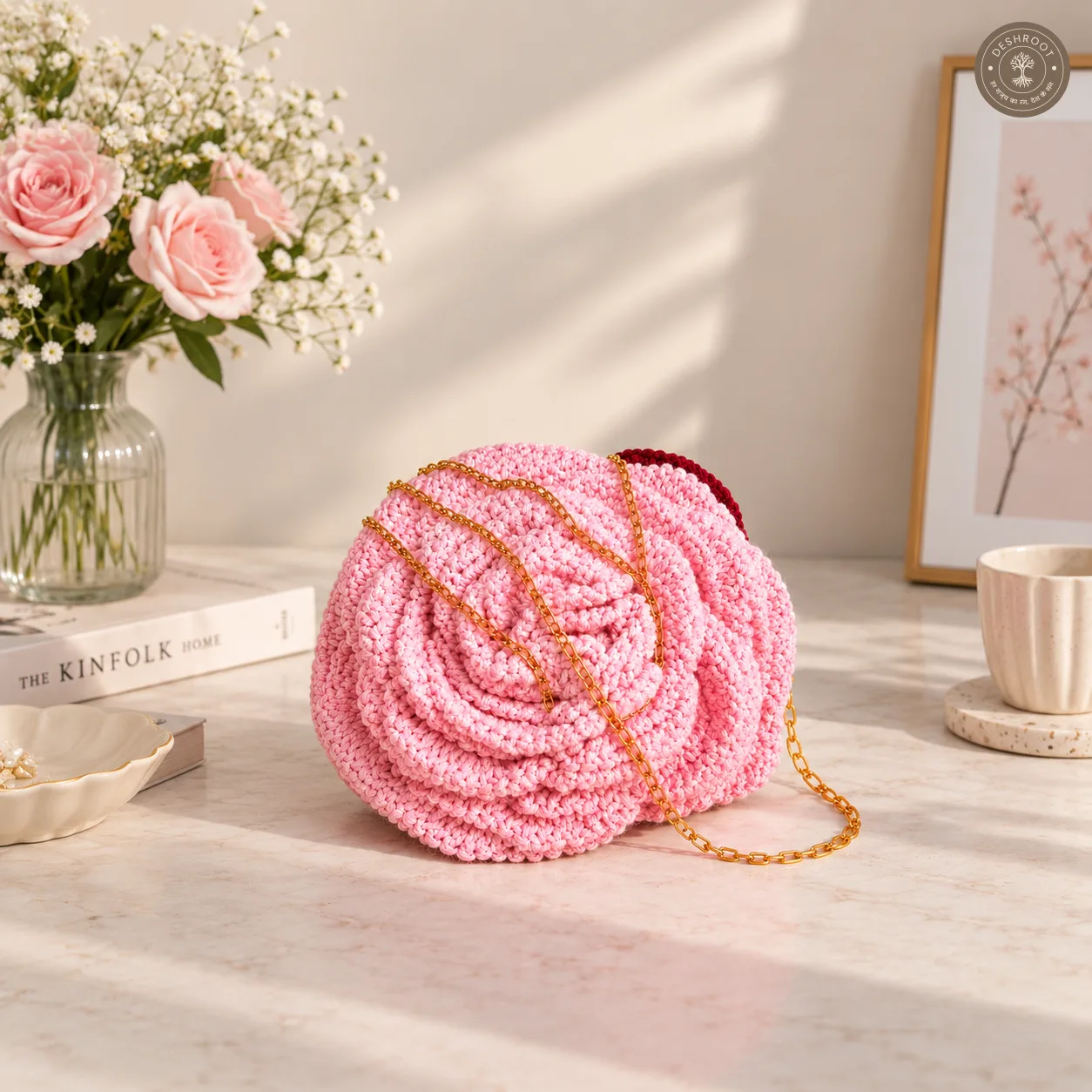 Handmade 3D Rose Crochet Sling Bag