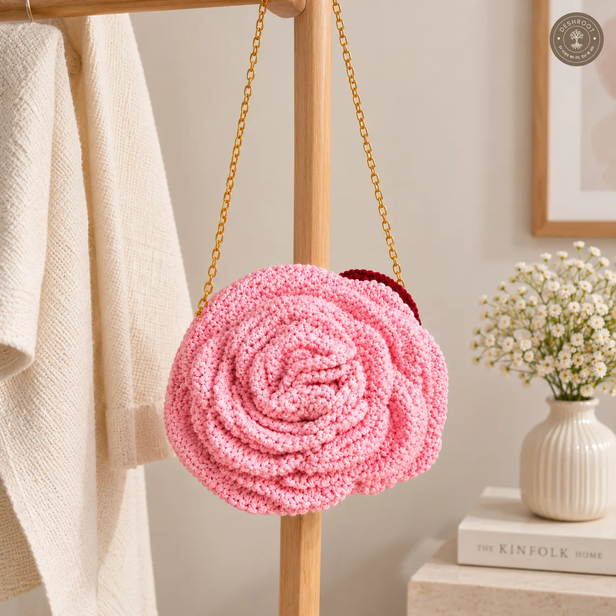 Handmade 3D Rose Crochet Sling Bag