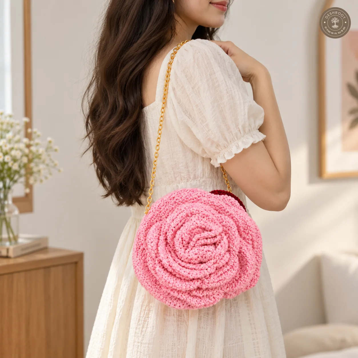 Handmade 3D Rose Crochet Sling Bag