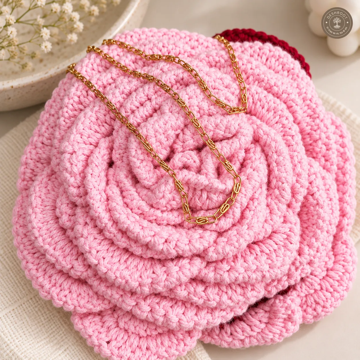 Handmade 3D Rose Crochet Sling Bag