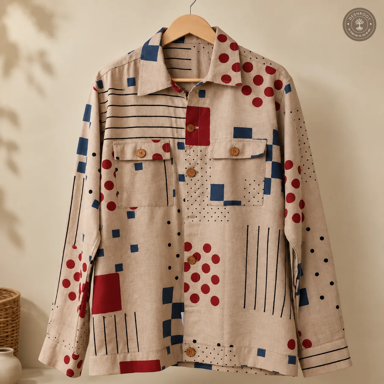 Unisex Printed Patchwork Jacket – Beige Geometric Multicolour Casual Jacket with Wooden Buttons & Pockets