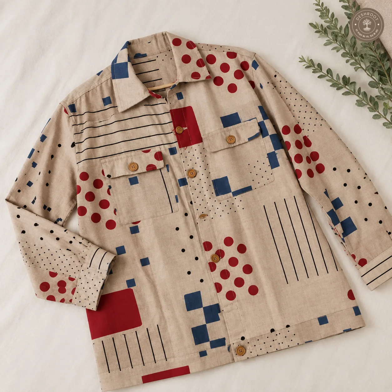 Unisex Printed Patchwork Jacket – Beige Geometric Multicolour Casual Jacket with Wooden Buttons & Pockets