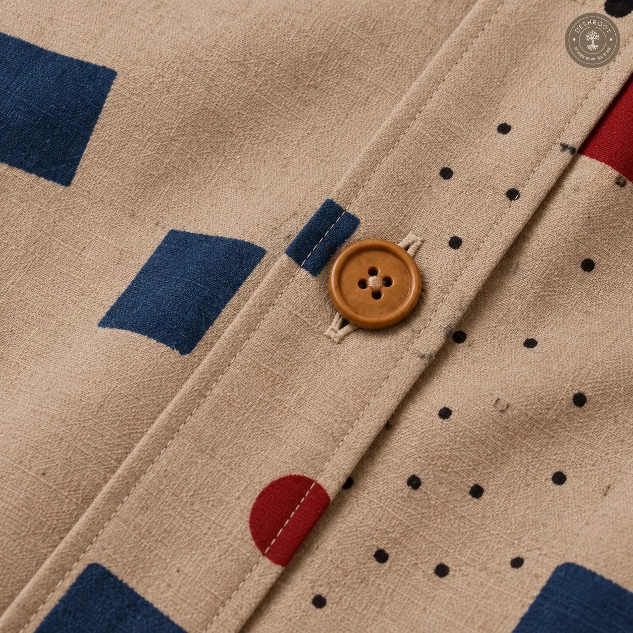 Unisex Printed Patchwork Jacket – Beige Geometric Multicolour Casual Jacket with Wooden Buttons & Pockets