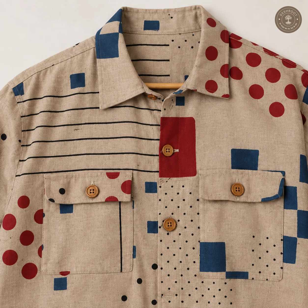 Unisex Printed Patchwork Jacket – Beige Geometric Multicolour Casual Jacket with Wooden Buttons & Pockets