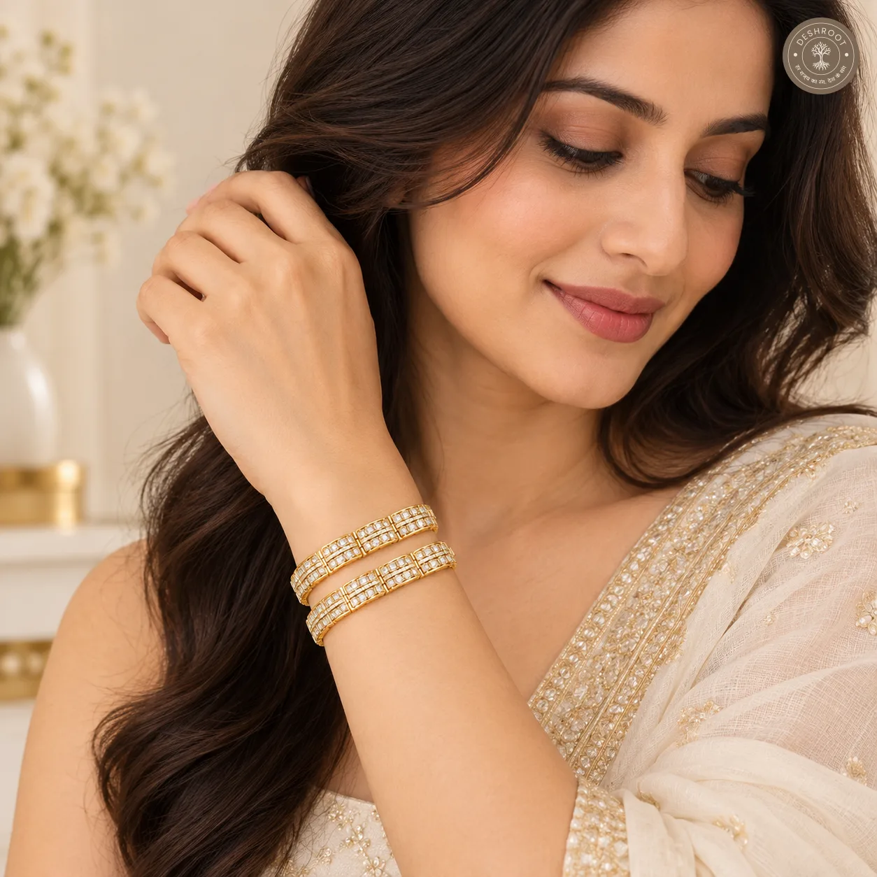 Aurelia Square-Cut Crystal Gajra Bracelet – Gold-Tone Bridal Jewellery for Women