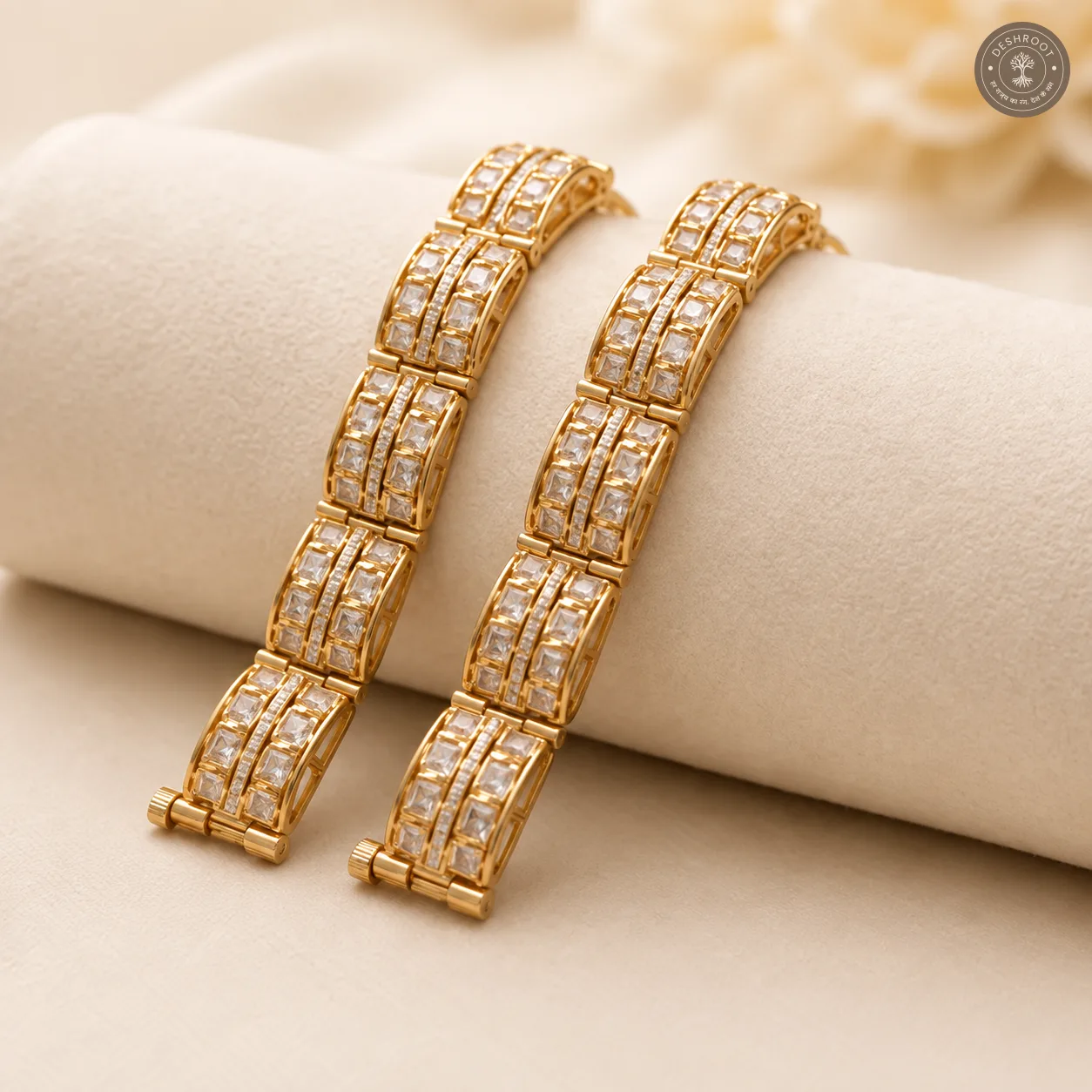 Aurelia Square-Cut Crystal Gajra Bracelet – Gold-Tone Bridal Jewellery for Women