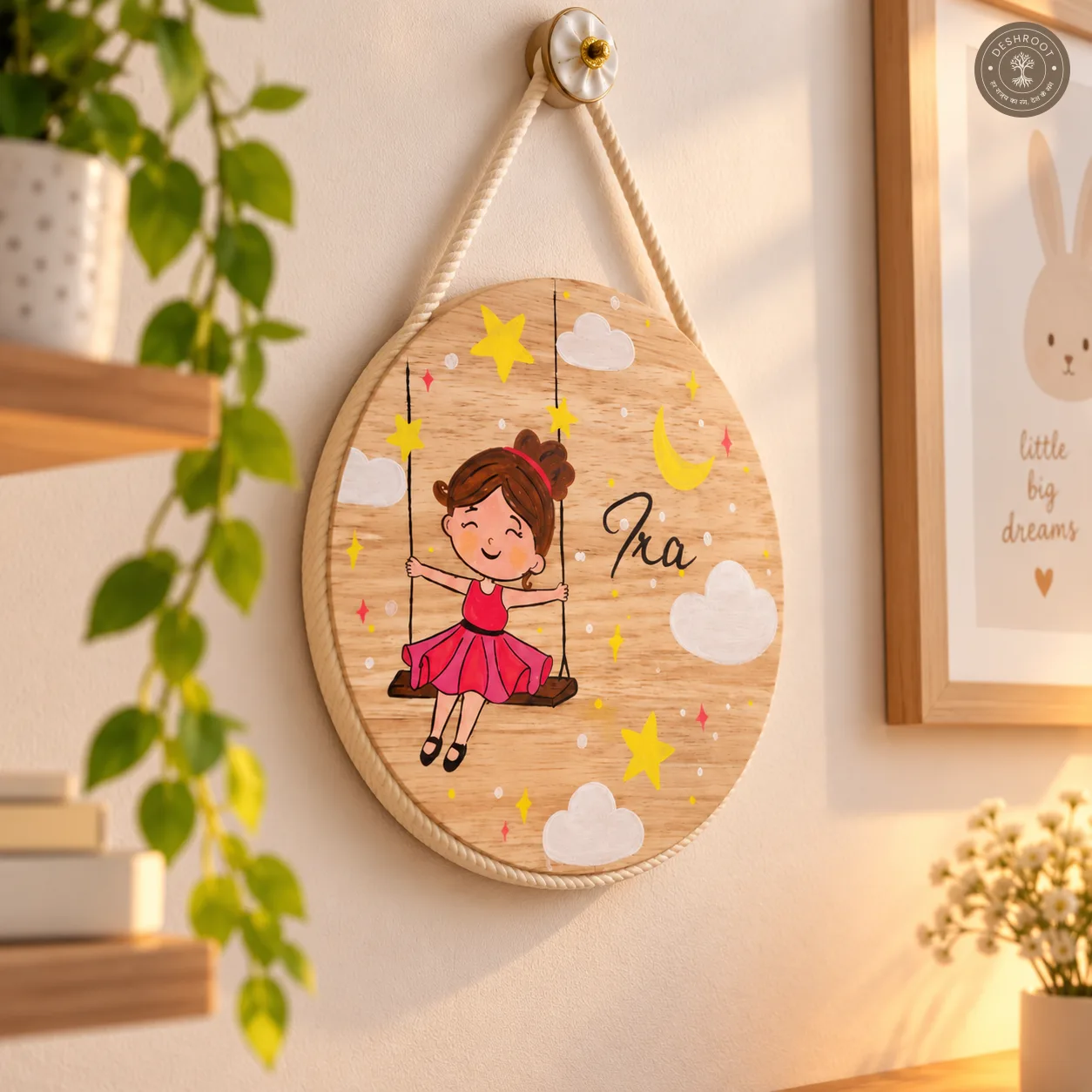 Hand-Painted Swinging Daydreams Pine Wood Nameboard