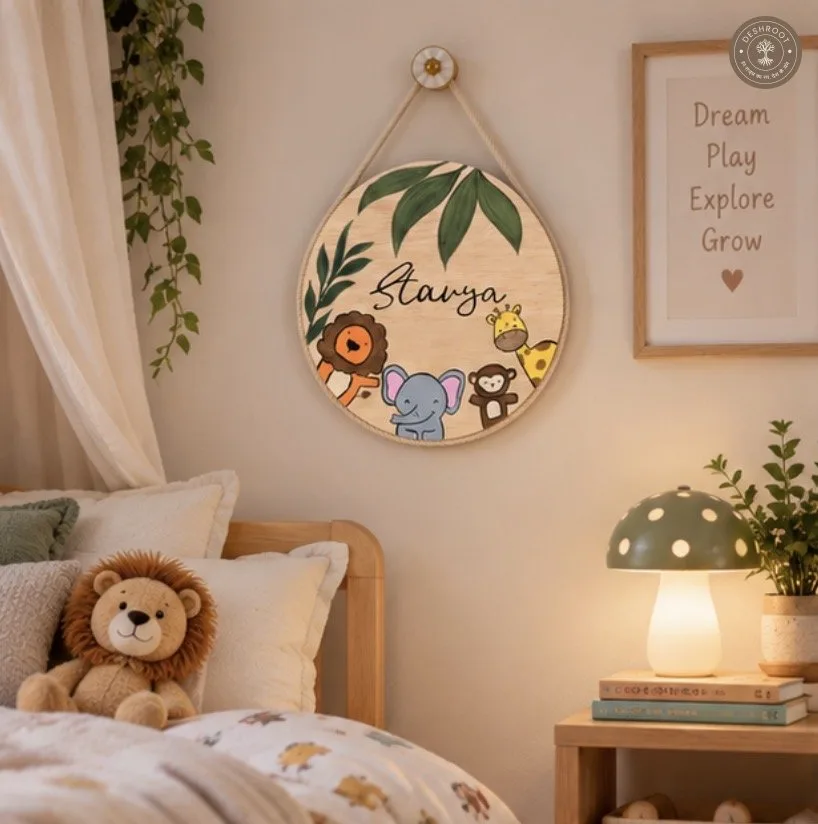Hand-Painted Jungle Whispers Pine Wood Nameboard