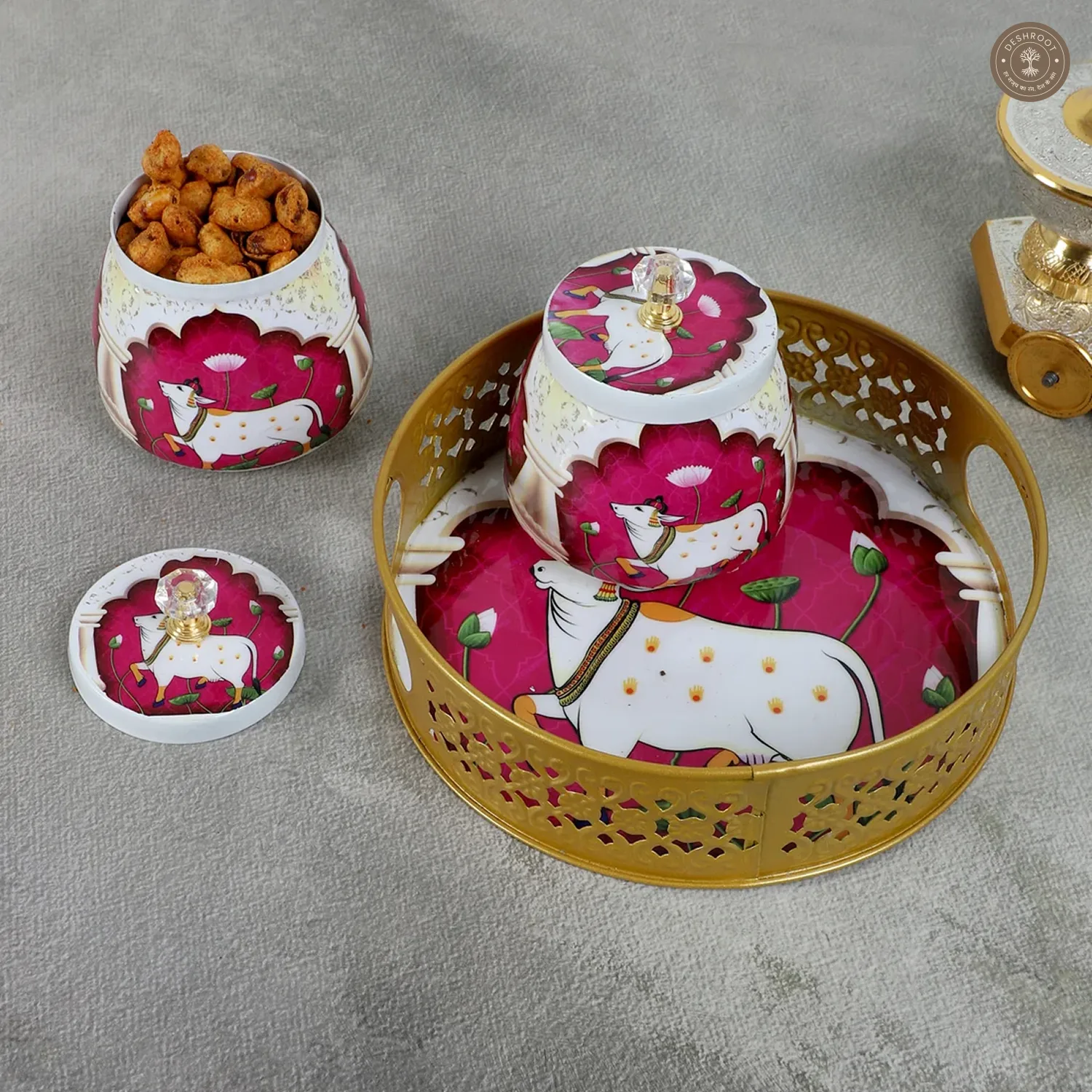 Pink & White Cow Round Basket With Jar Set of 3