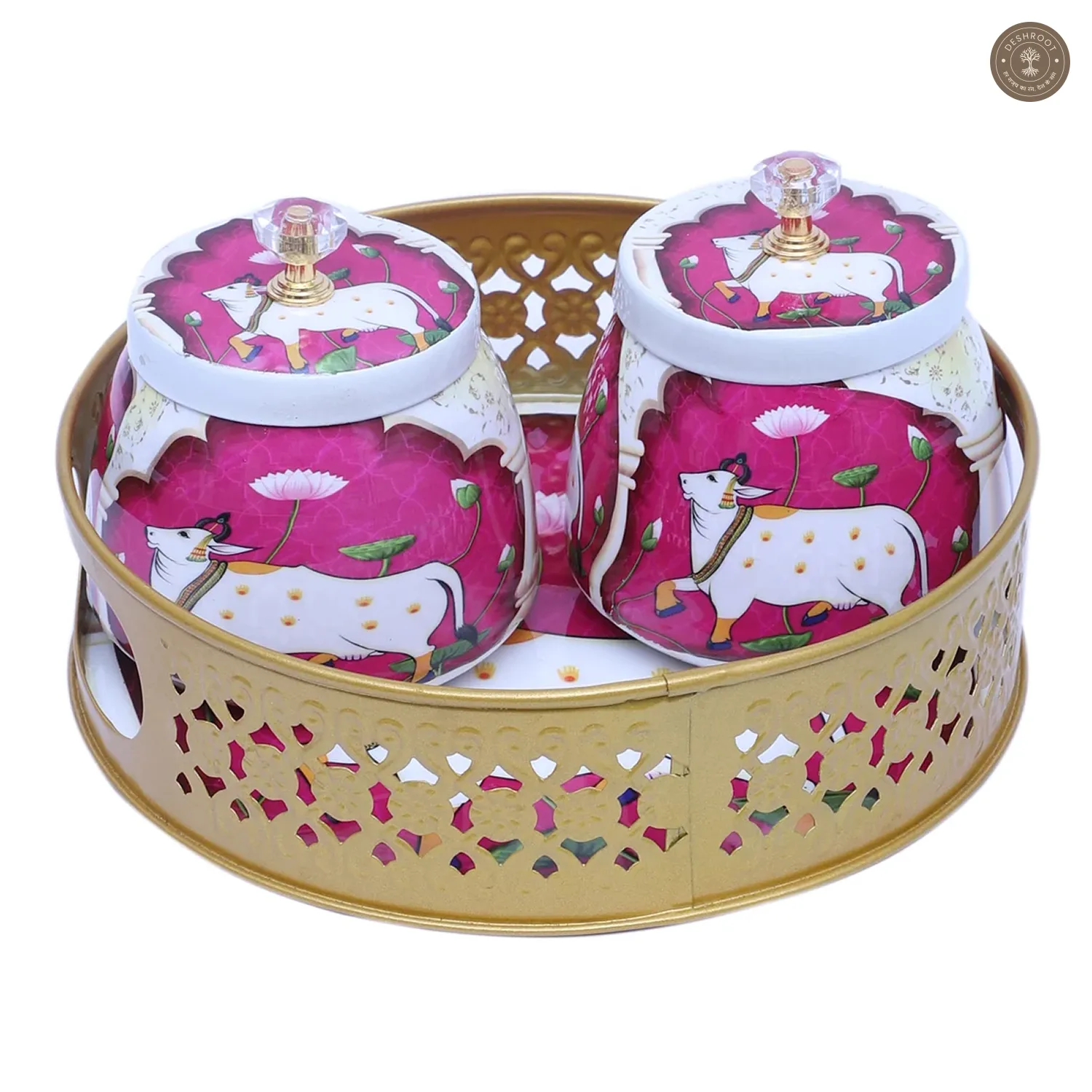 Pink & White Cow Round Basket With Jar Set of 3