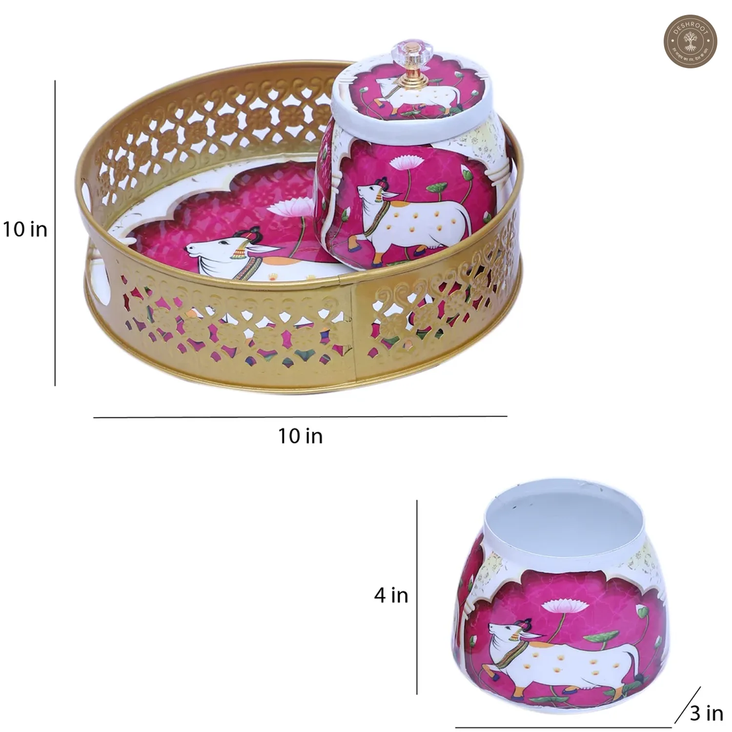 Pink & White Cow Round Basket With Jar Set of 3