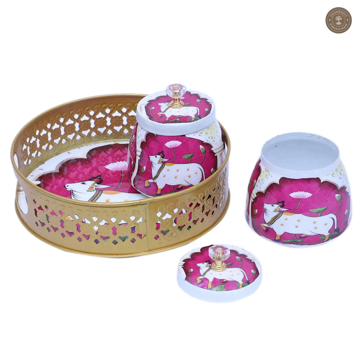 Pink & White Cow Round Basket With Jar Set of 3