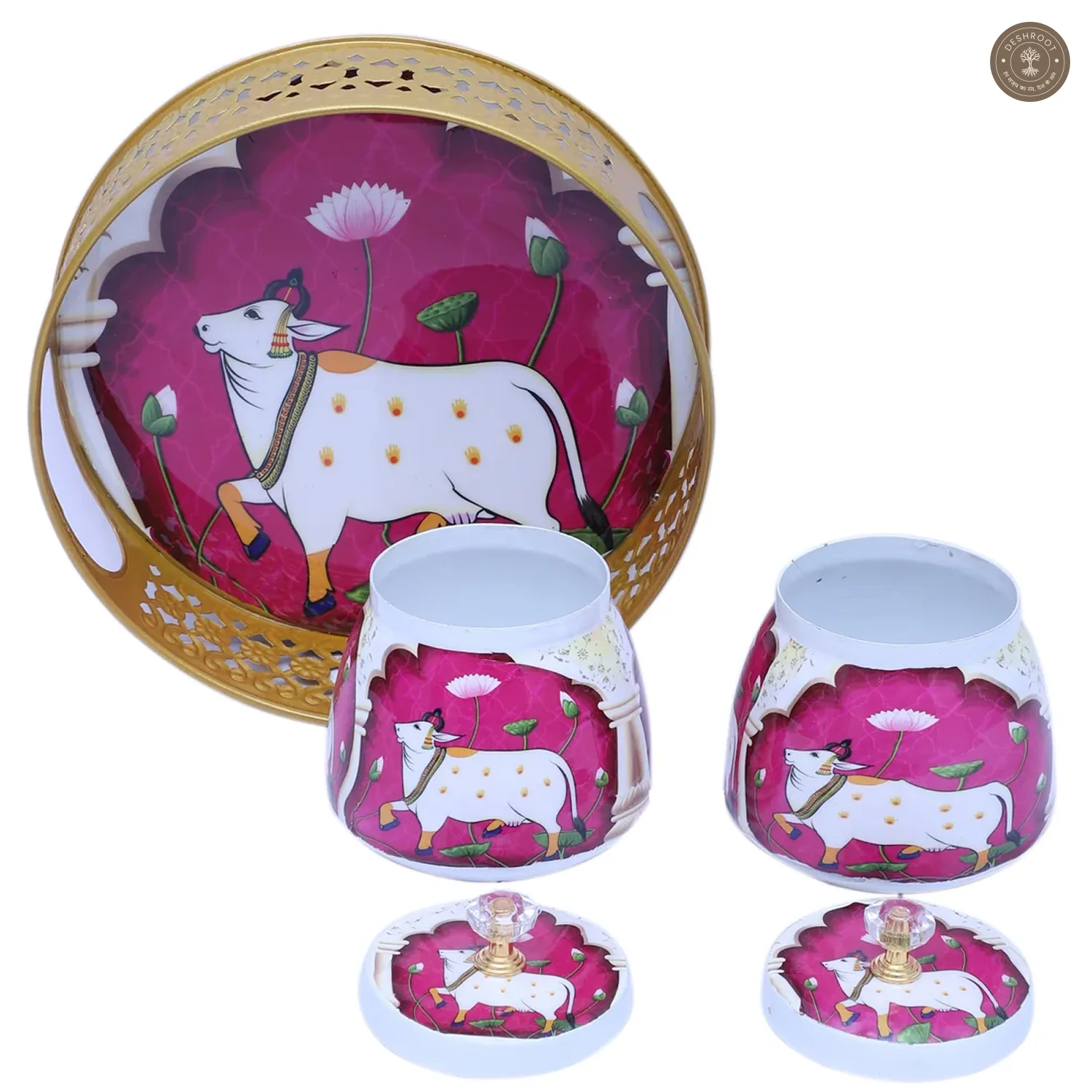 Pink & White Cow Round Basket With Jar Set of 3