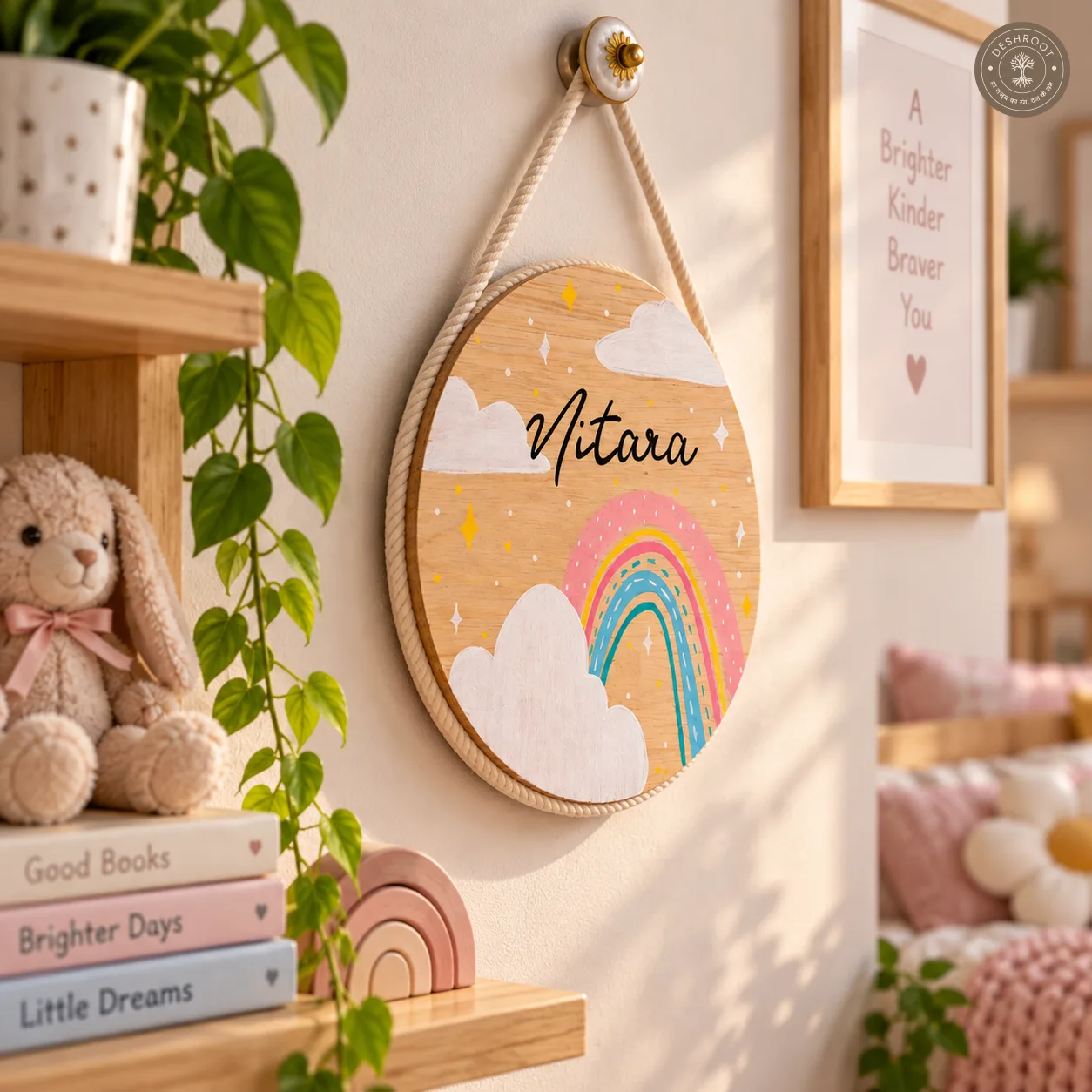 Hand-Painted Rainbow Wishes Pine Wood Nameboard