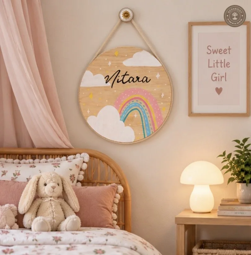 Hand-Painted Rainbow Wishes Pine Wood Nameboard