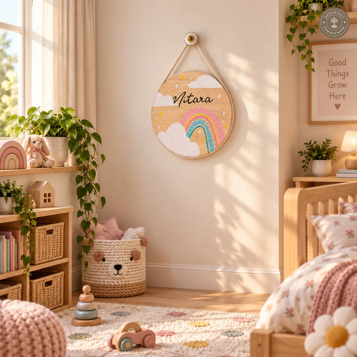 Hand-Painted Rainbow Wishes Pine Wood Nameboard