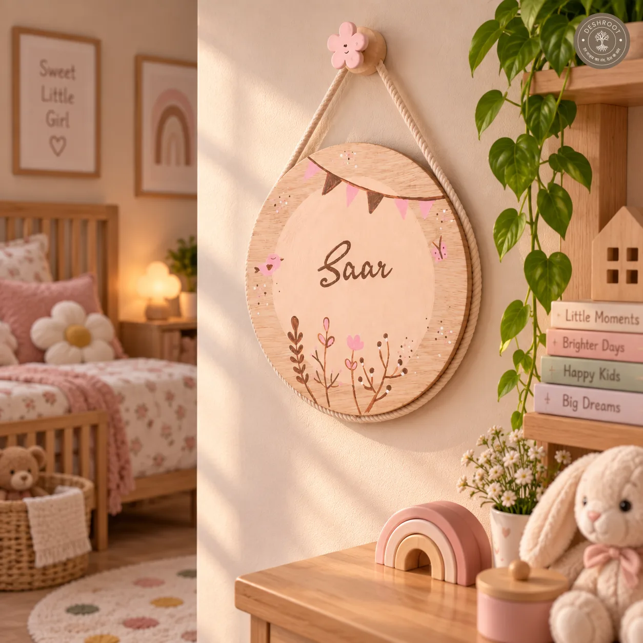 Hand-Painted Boho Blossom Pine Wood Nameboard