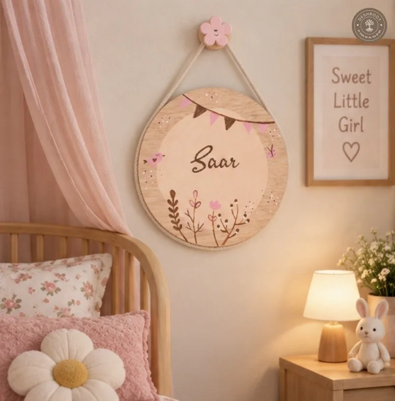 Hand-Painted Boho Blossom Pine Wood Nameboard