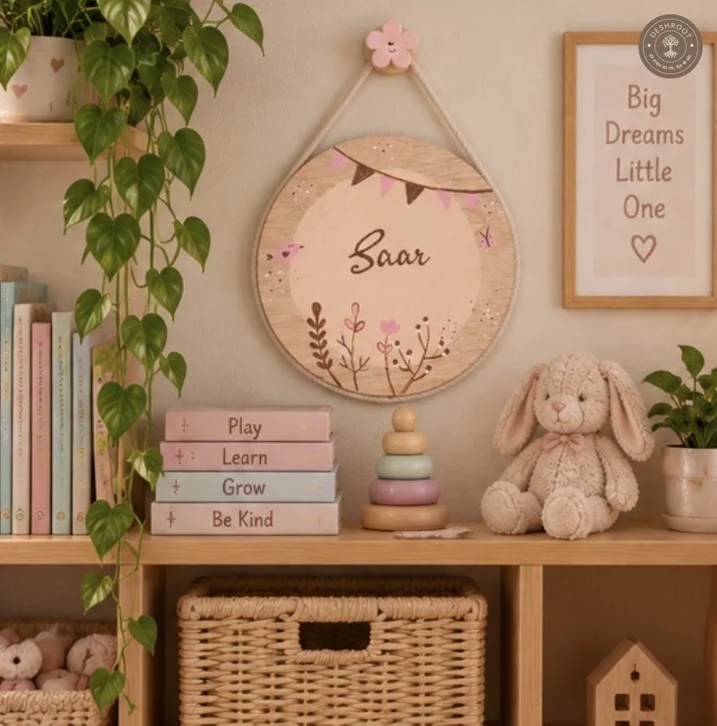 Hand-Painted Boho Blossom Pine Wood Nameboard