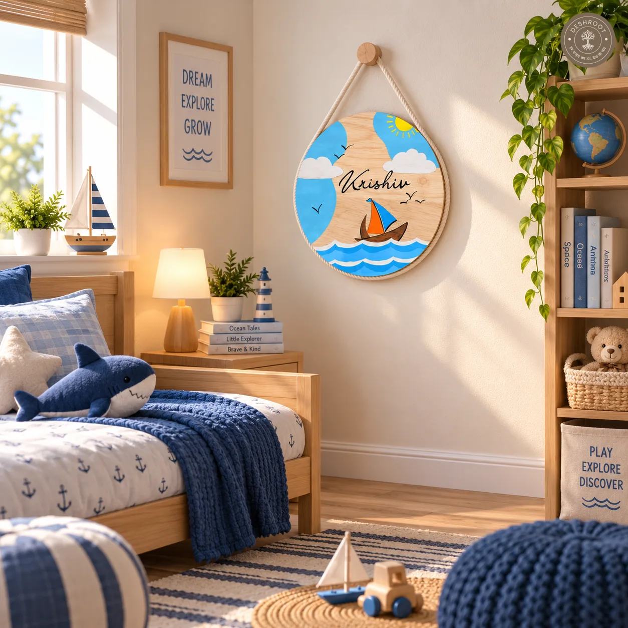 Hand-Painted Coastal Sail Dreams Pine Wood Nameboard