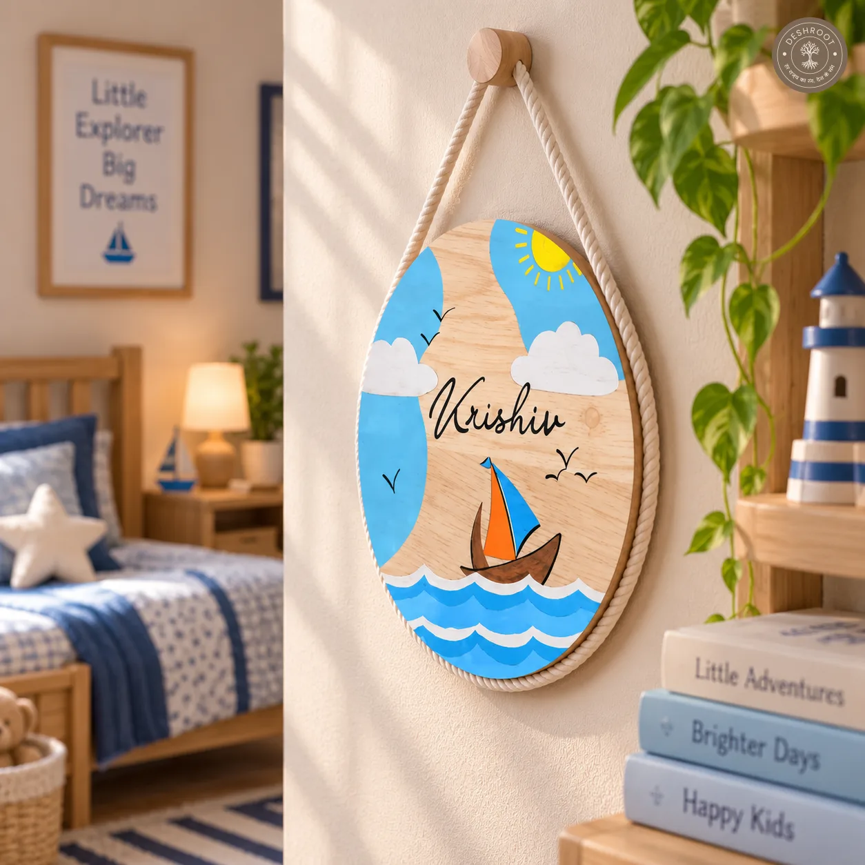 Hand-Painted Coastal Sail Dreams Pine Wood Nameboard