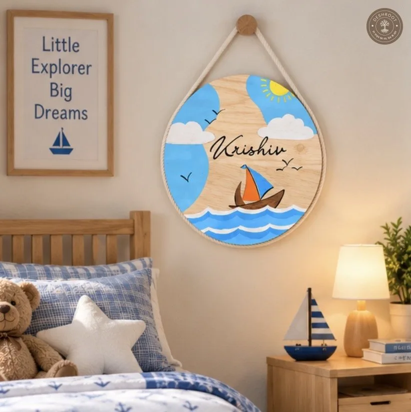 Hand-Painted Coastal Sail Dreams Pine Wood Nameboard
