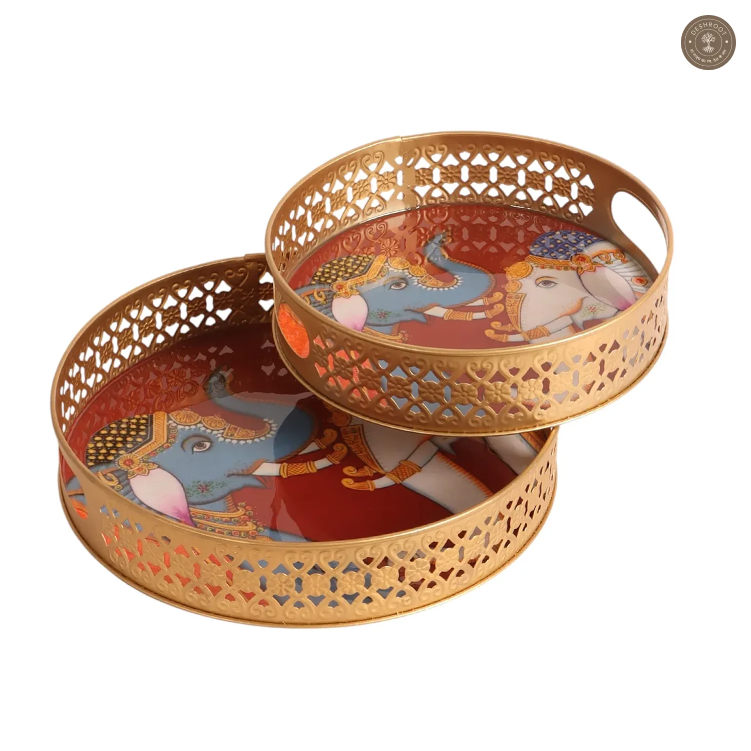 Elephant Blue & White Round Pichwai Tray Set of 2