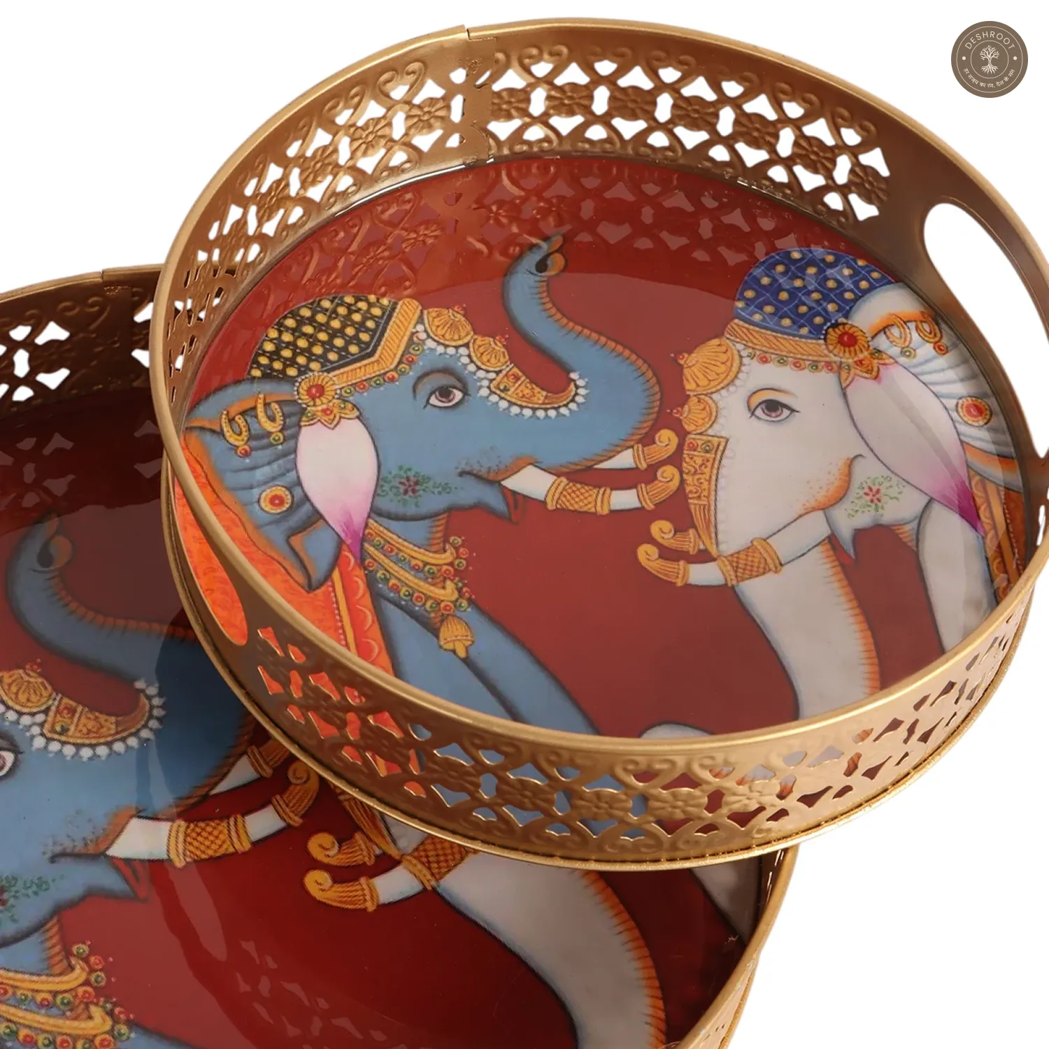 Elephant Blue & White Round Pichwai Tray Set of 2