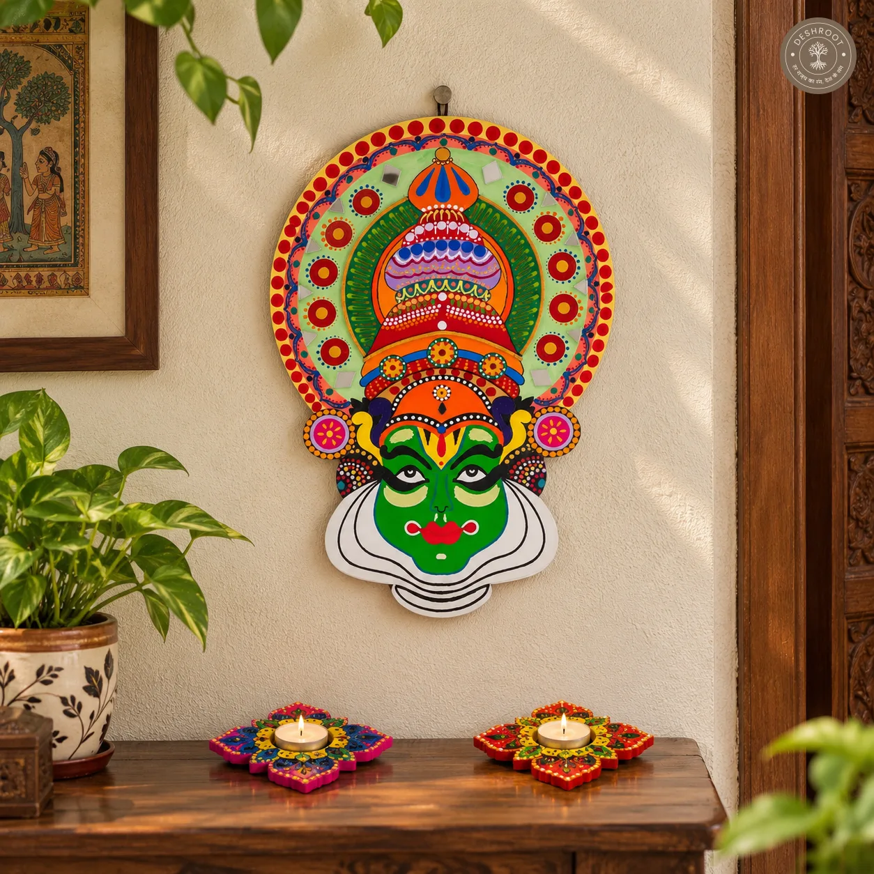 Handcrafted Kathakali Face Wall Art – Kerala Wall Decor with 2 Free Tealight Holders
