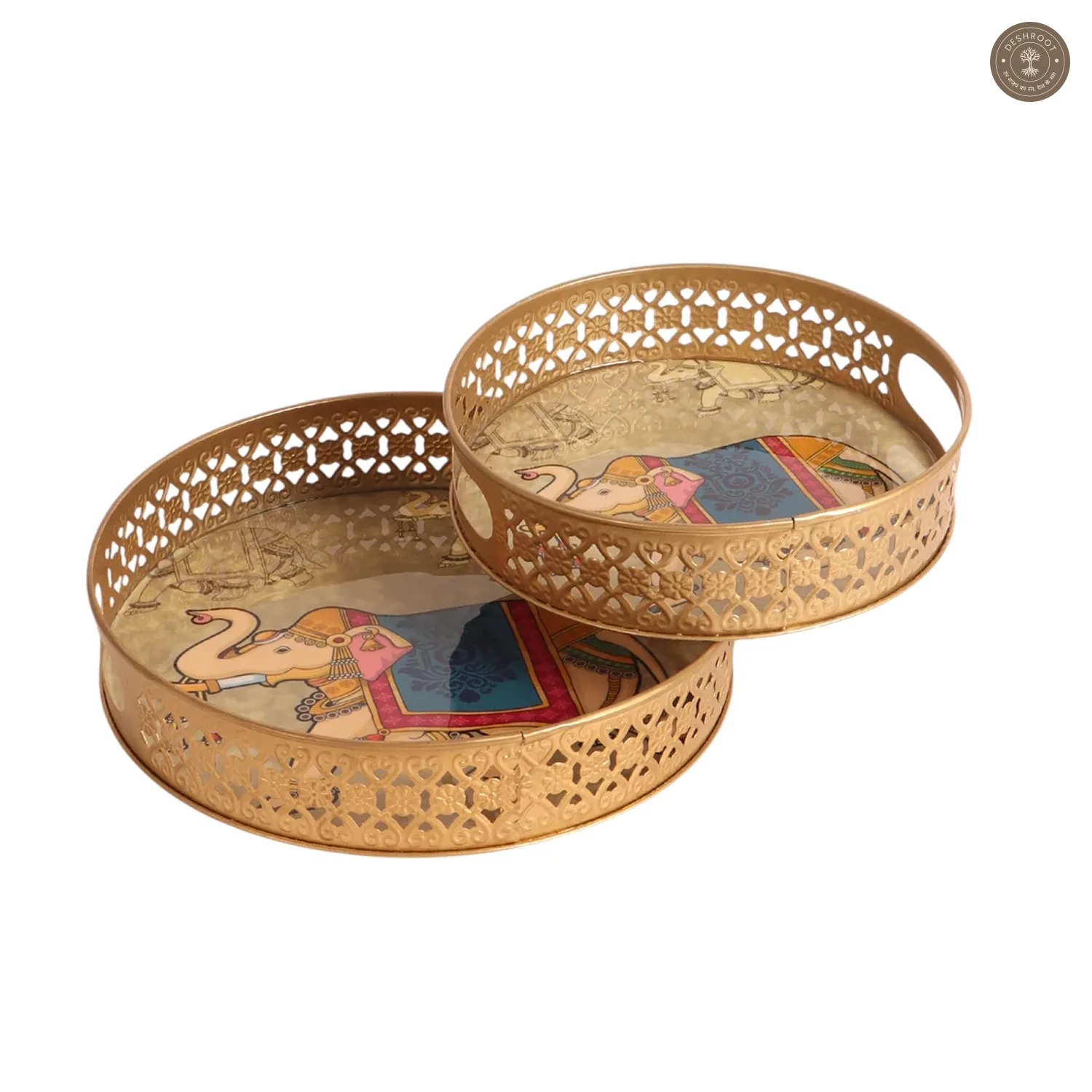 Blue & White Big Elephant Pichwai Tray Set of 2