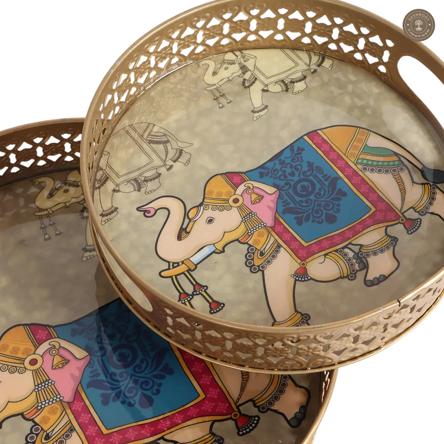 Blue & White Big Elephant Pichwai Tray Set of 2