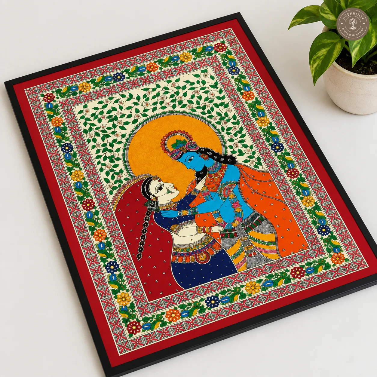 Handmade Radha Krishna Painting – Madhubani Indian Folk Art on Canvas Paper