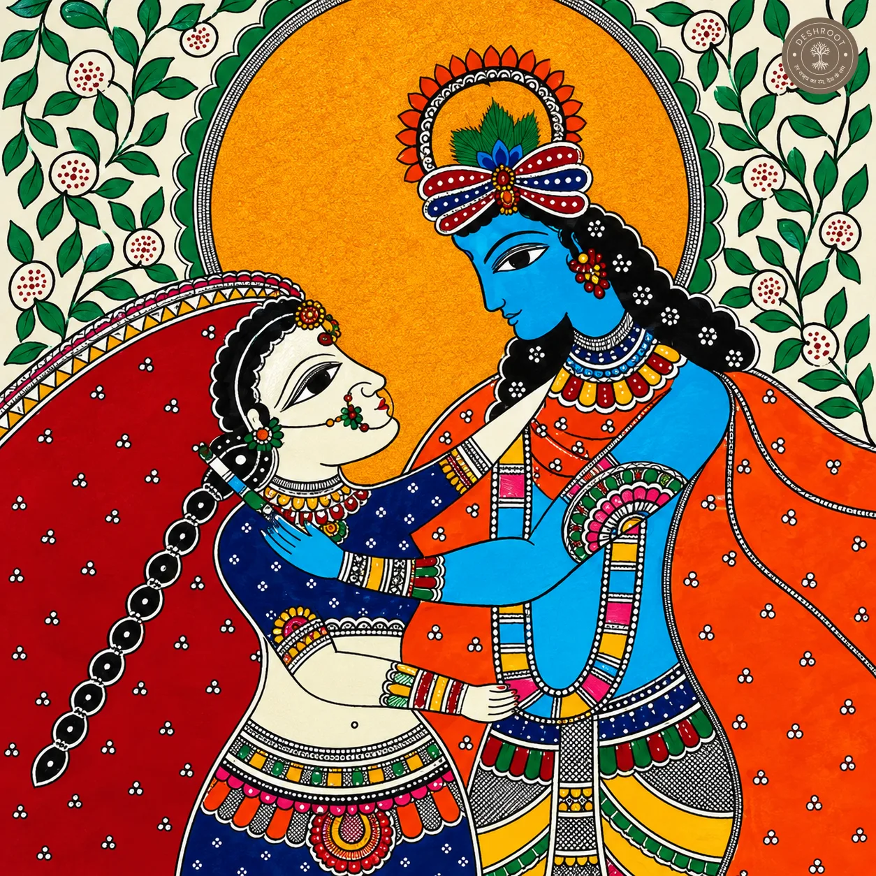 Handmade Radha Krishna Painting – Madhubani Indian Folk Art on Canvas Paper