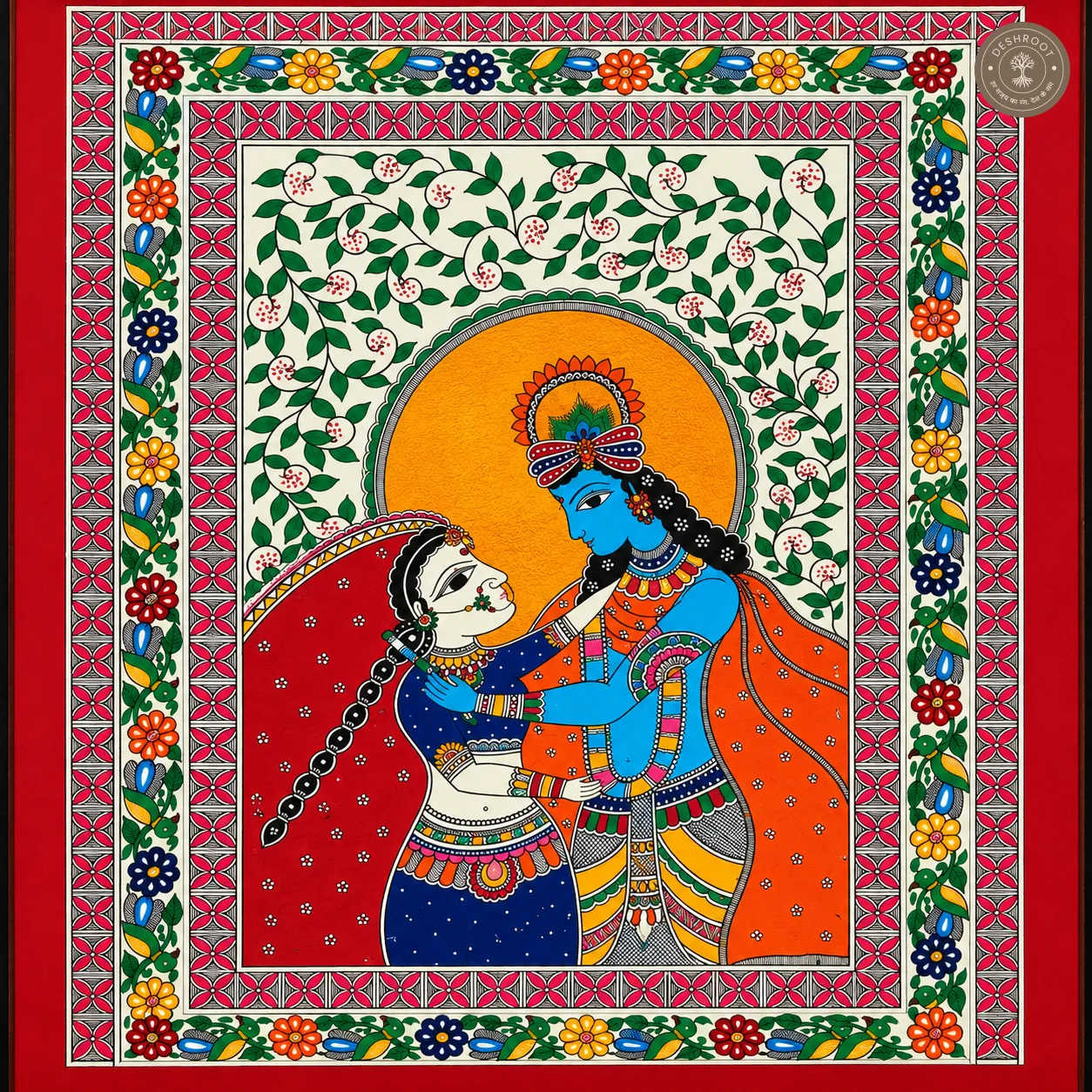 Handmade Radha Krishna Painting – Madhubani Indian Folk Art on Canvas Paper
