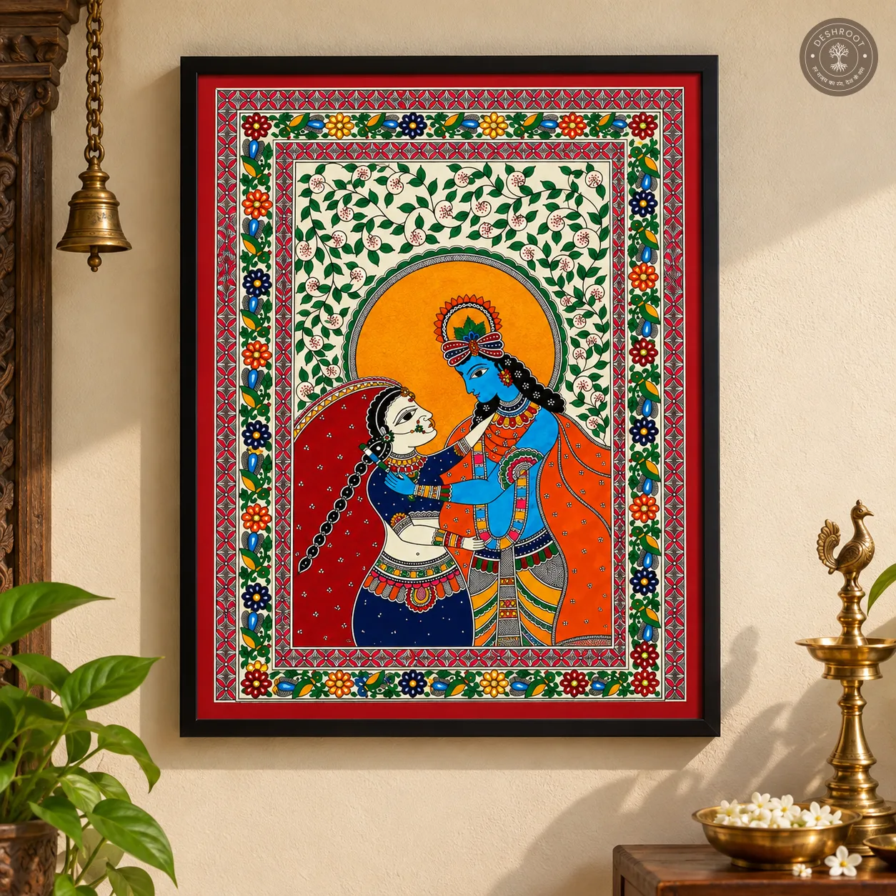 Handmade Radha Krishna Painting – Madhubani Indian Folk Art on Canvas Paper