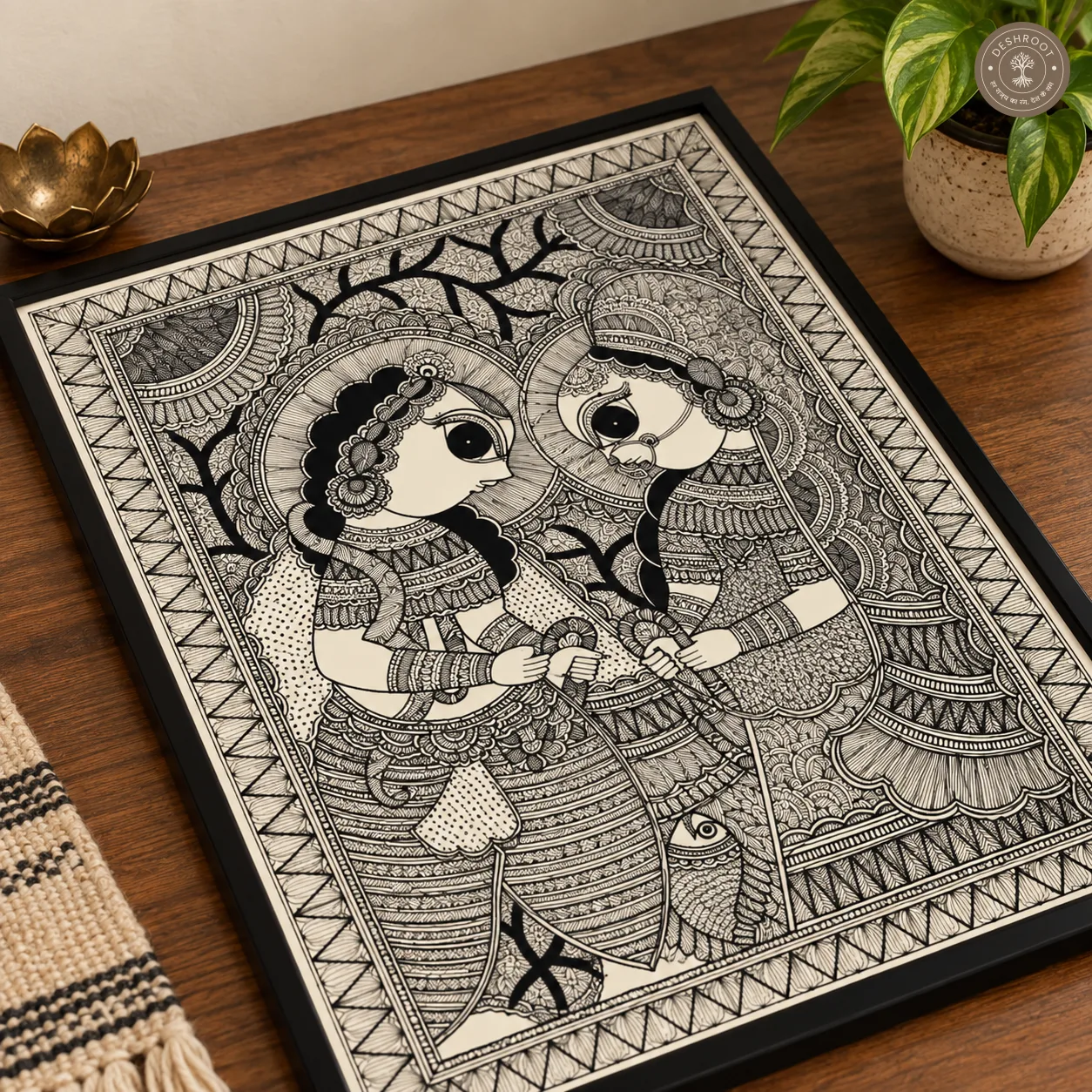 Radha Krishna Madhubani Wall Art – Handmade Indian Folk Painting on Canvas