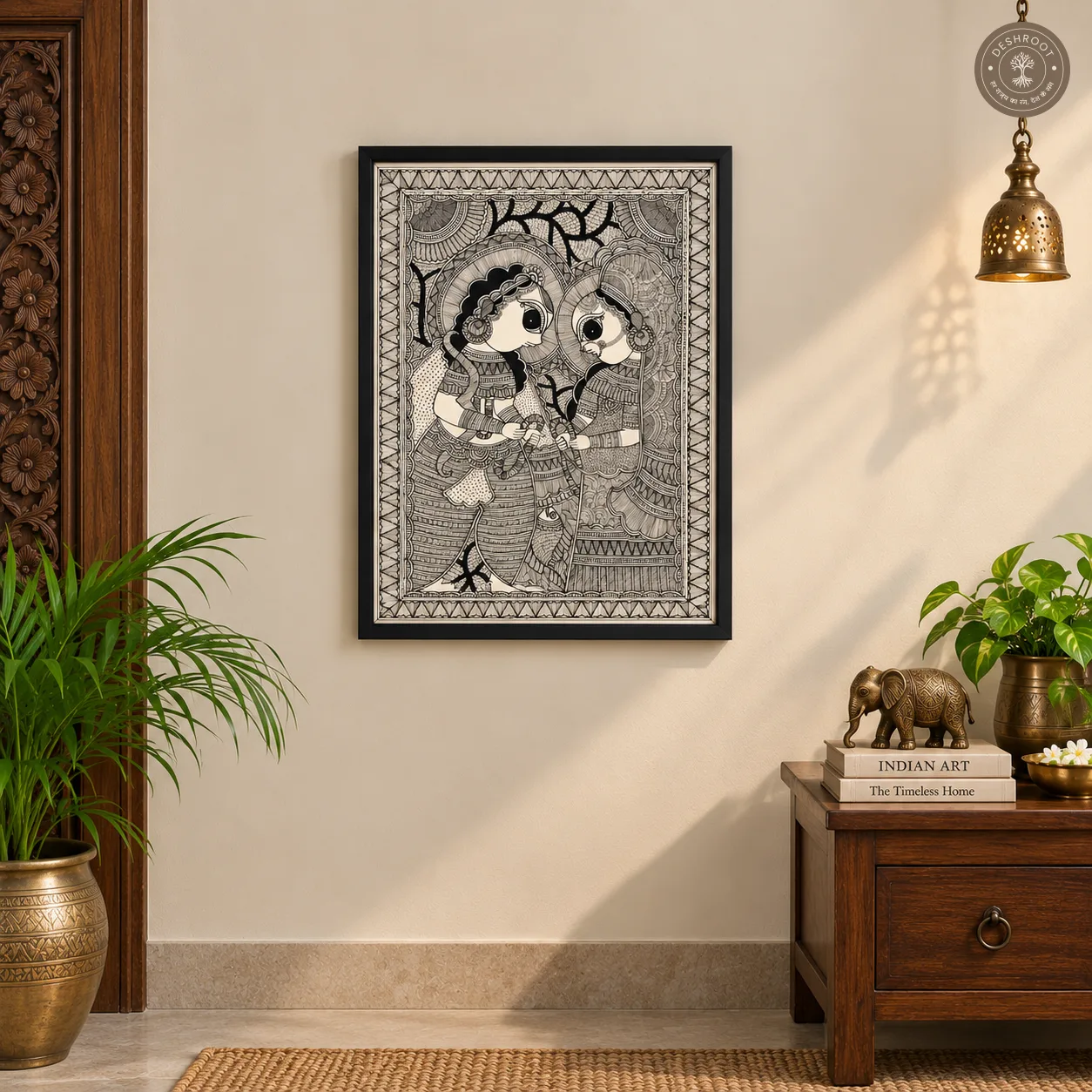 Radha Krishna Madhubani Wall Art – Handmade Indian Folk Painting on Canvas